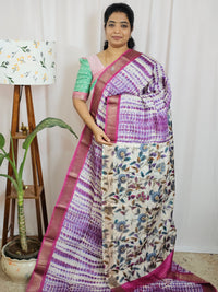 Pure Tussar Silk Saree with Kanchi Border - Violet with Magenta Pink