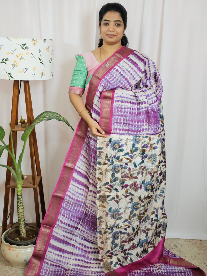 Pure Tussar Silk Saree with Kanchi Border - Violet with Magenta Pink
