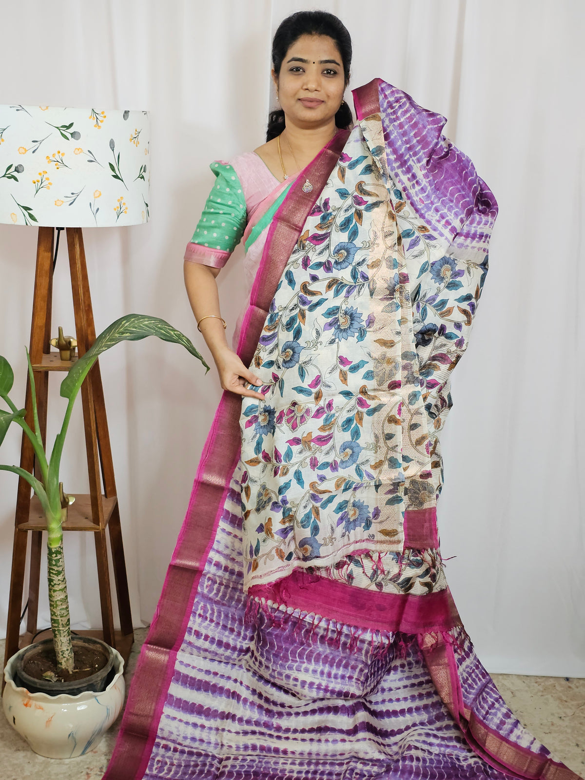 Pure Tussar Silk Saree with Kanchi Border - Violet with Magenta Pink