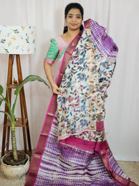 Pure Tussar Silk Saree with Kanchi Border - Violet with Magenta Pink