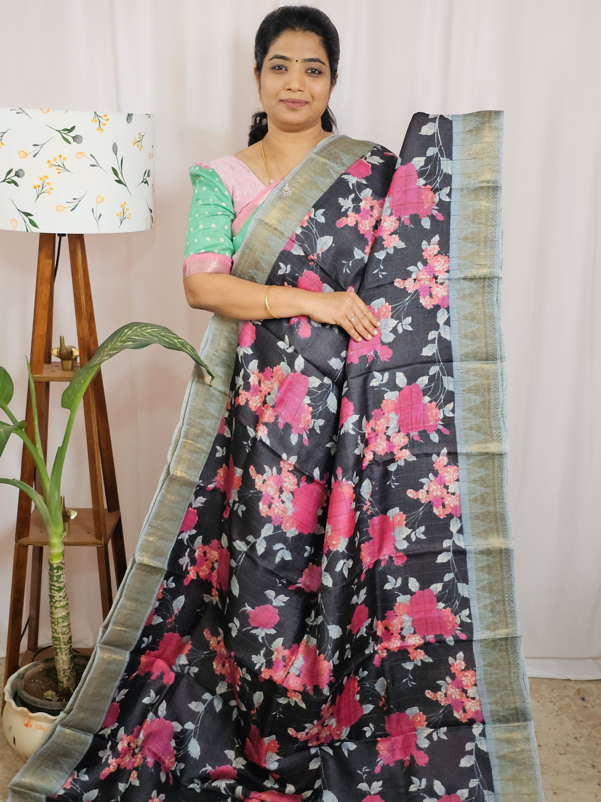 Pure Tussar Silk Saree with Kanchi Border - Black with Grey