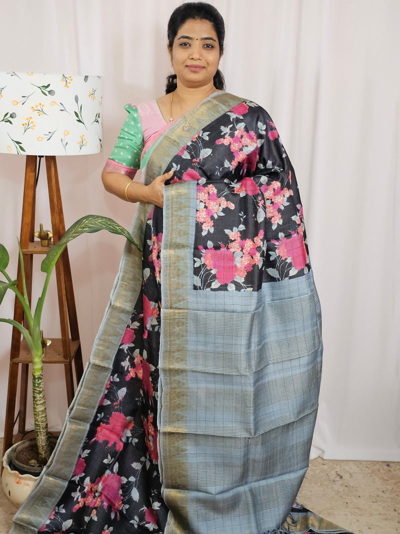 Pure Tussar Silk Saree with Kanchi Border - Black with Grey