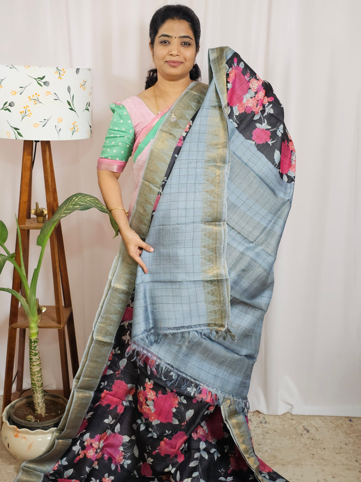 Pure Tussar Silk Saree with Kanchi Border - Black with Grey