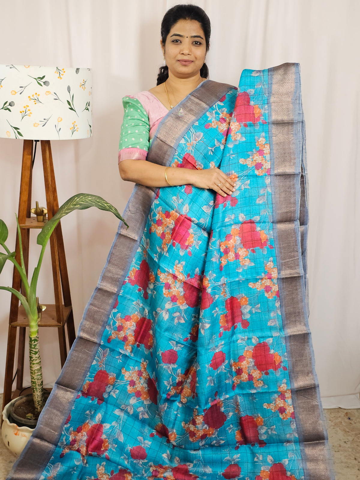 Pure Tussar Silk Saree with Kanchi Border - Blue with Grey