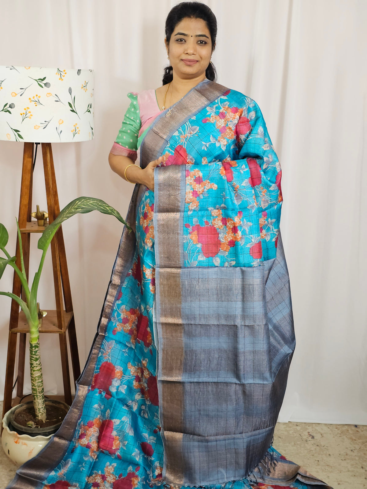 Pure Tussar Silk Saree with Kanchi Border - Blue with Grey