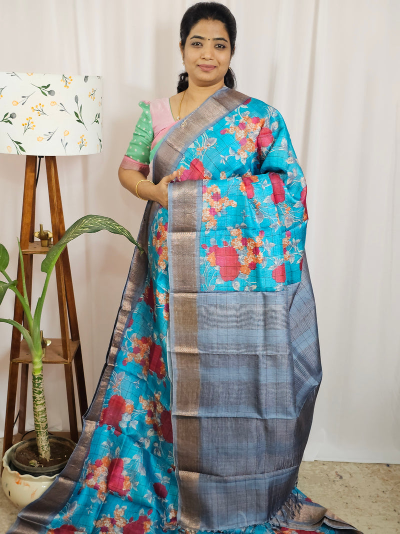Pure Tussar Silk Saree with Kanchi Border - Blue with Grey