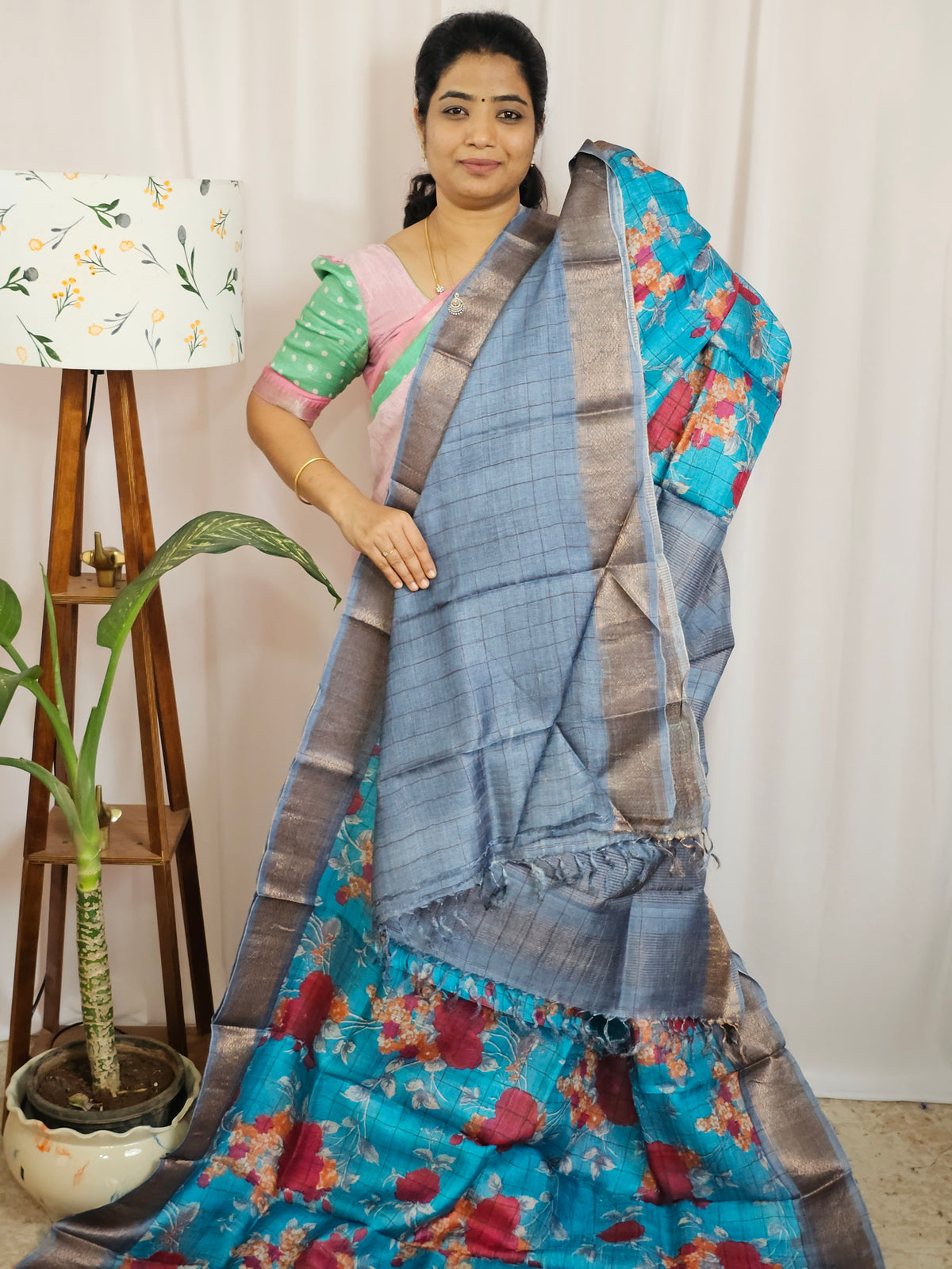 Pure Tussar Silk Saree with Kanchi Border - Blue with Grey