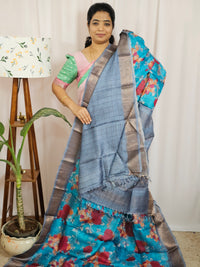 Pure Tussar Silk Saree with Kanchi Border - Blue with Grey