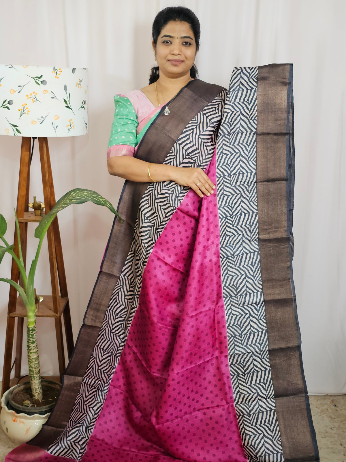 Pure Tussar Silk Saree with Zari Border - Pink with Black
