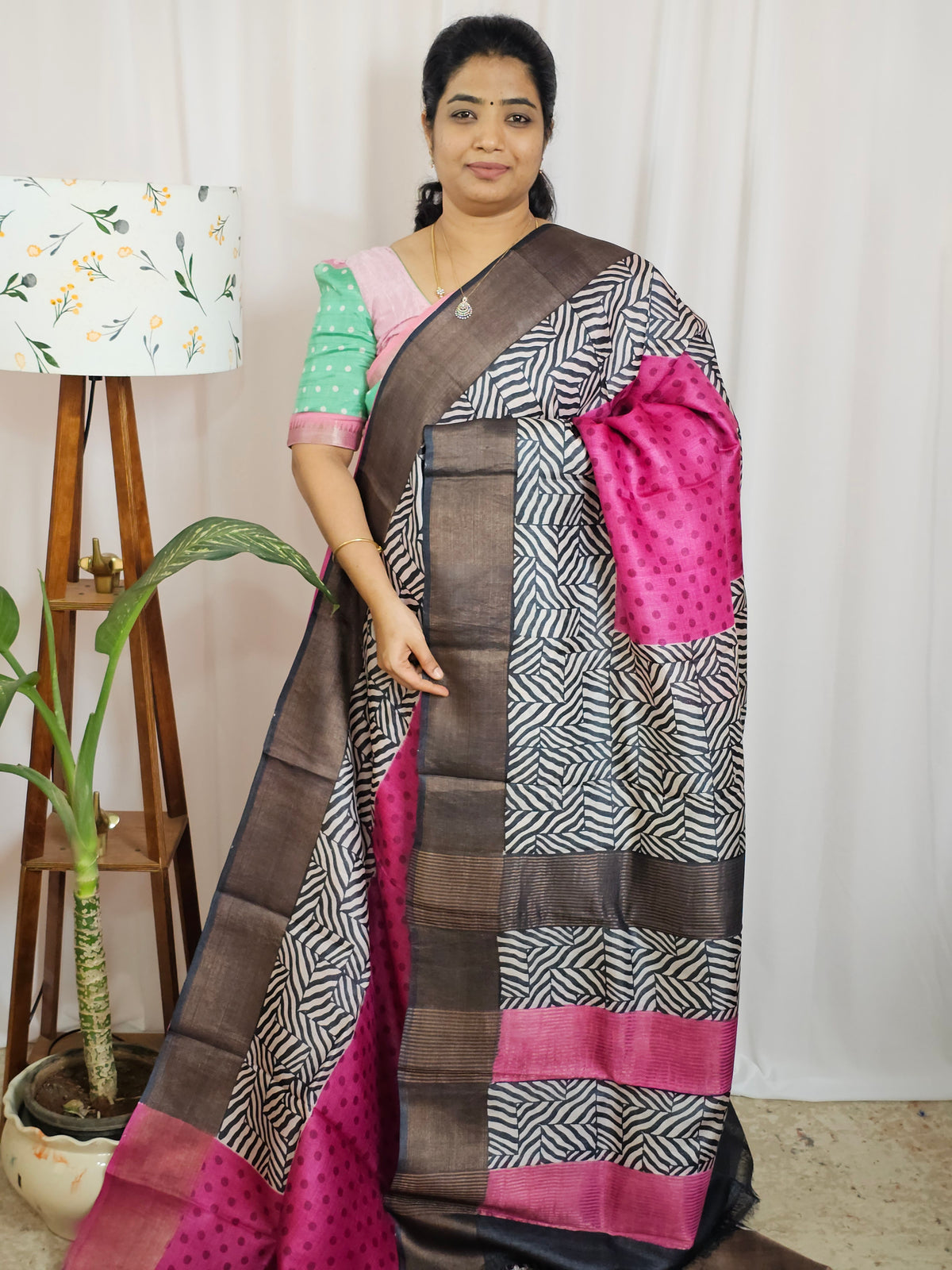 Pure Tussar Silk Saree with Zari Border - Pink with Black