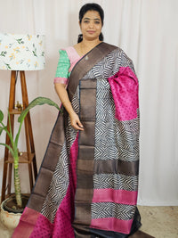 Pure Tussar Silk Saree with Zari Border - Pink with Black