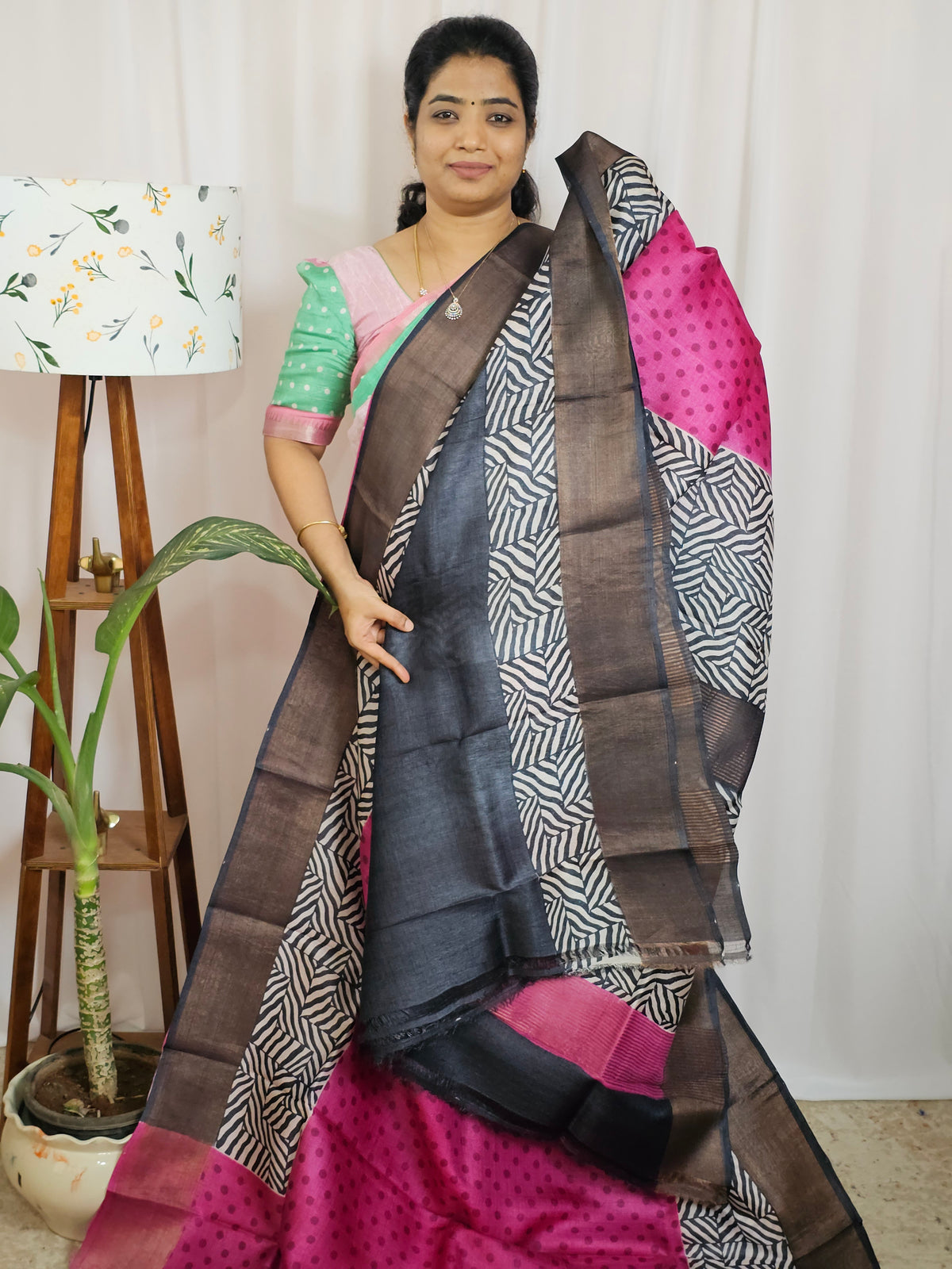 Pure Tussar Silk Saree with Zari Border - Pink with Black