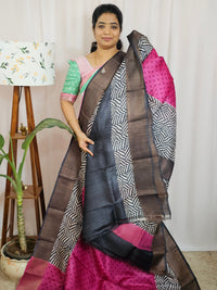 Pure Tussar Silk Saree with Zari Border - Pink with Black
