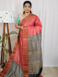 Pure Tussar Silk Saree with Zari Border Half N Half Pattern - Red with Black