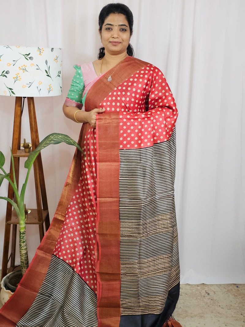 Pure Tussar Silk Saree with Zari Border Half N Half Pattern - Red with Black
