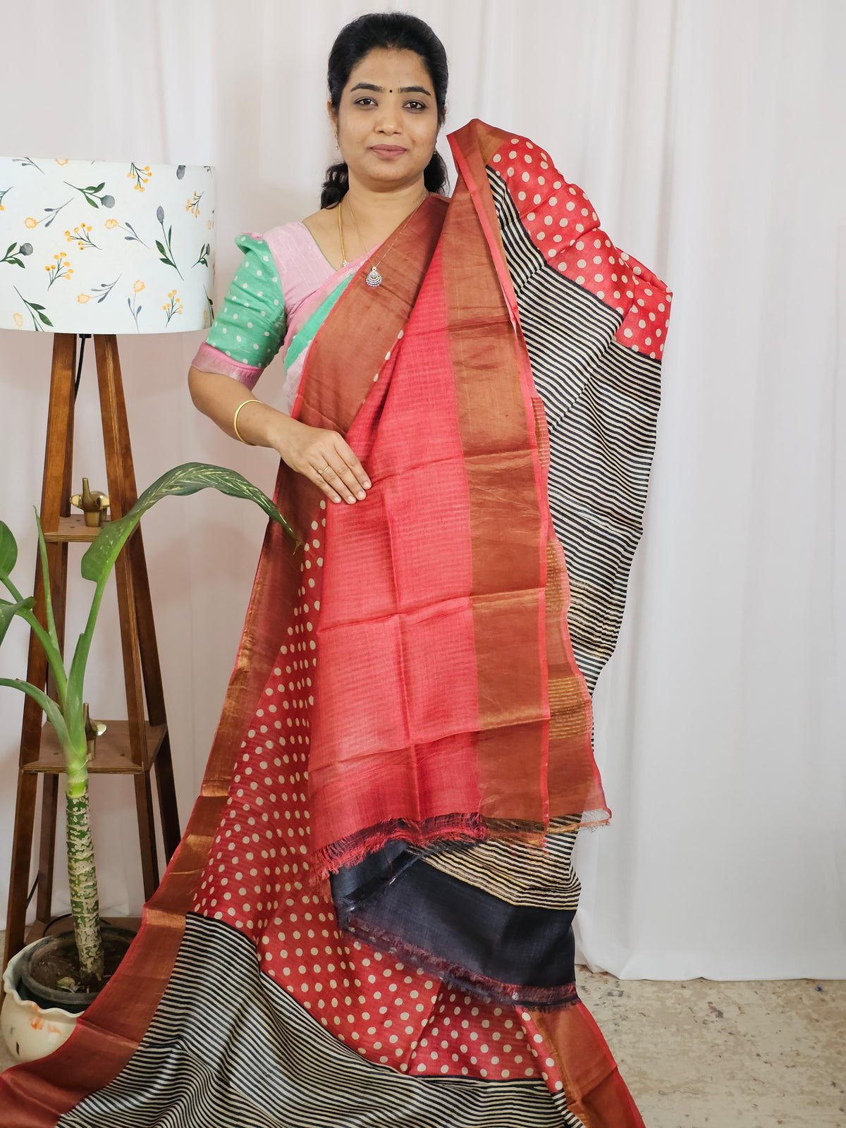 Pure Tussar Silk Saree with Zari Border Half N Half Pattern - Red with Black