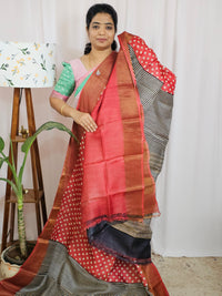Pure Tussar Silk Saree with Zari Border Half N Half Pattern - Red with Black