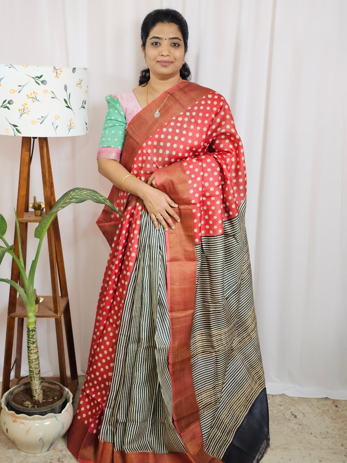 Pure Tussar Silk Saree with Zari Border Half N Half Pattern - Red with Black