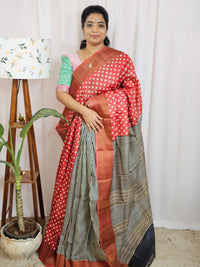 Pure Tussar Silk Saree with Zari Border Half N Half Pattern - Red with Black
