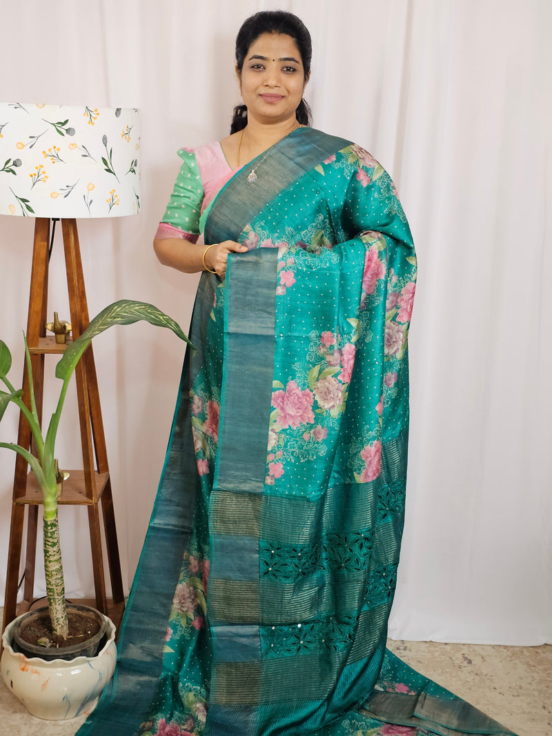 Pure Desi Tussar with Cut Work Pallu - Dark Sea Green