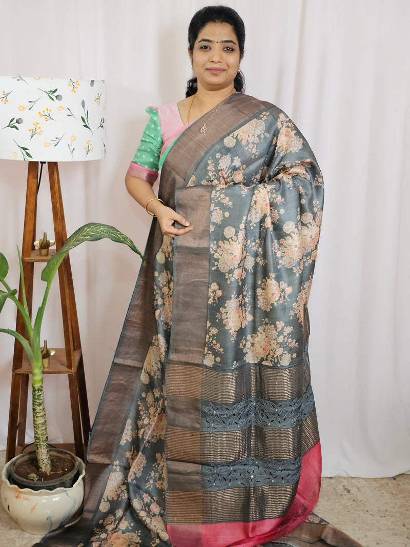 Pure Desi Tussar with Cut Work Pallu - Grey