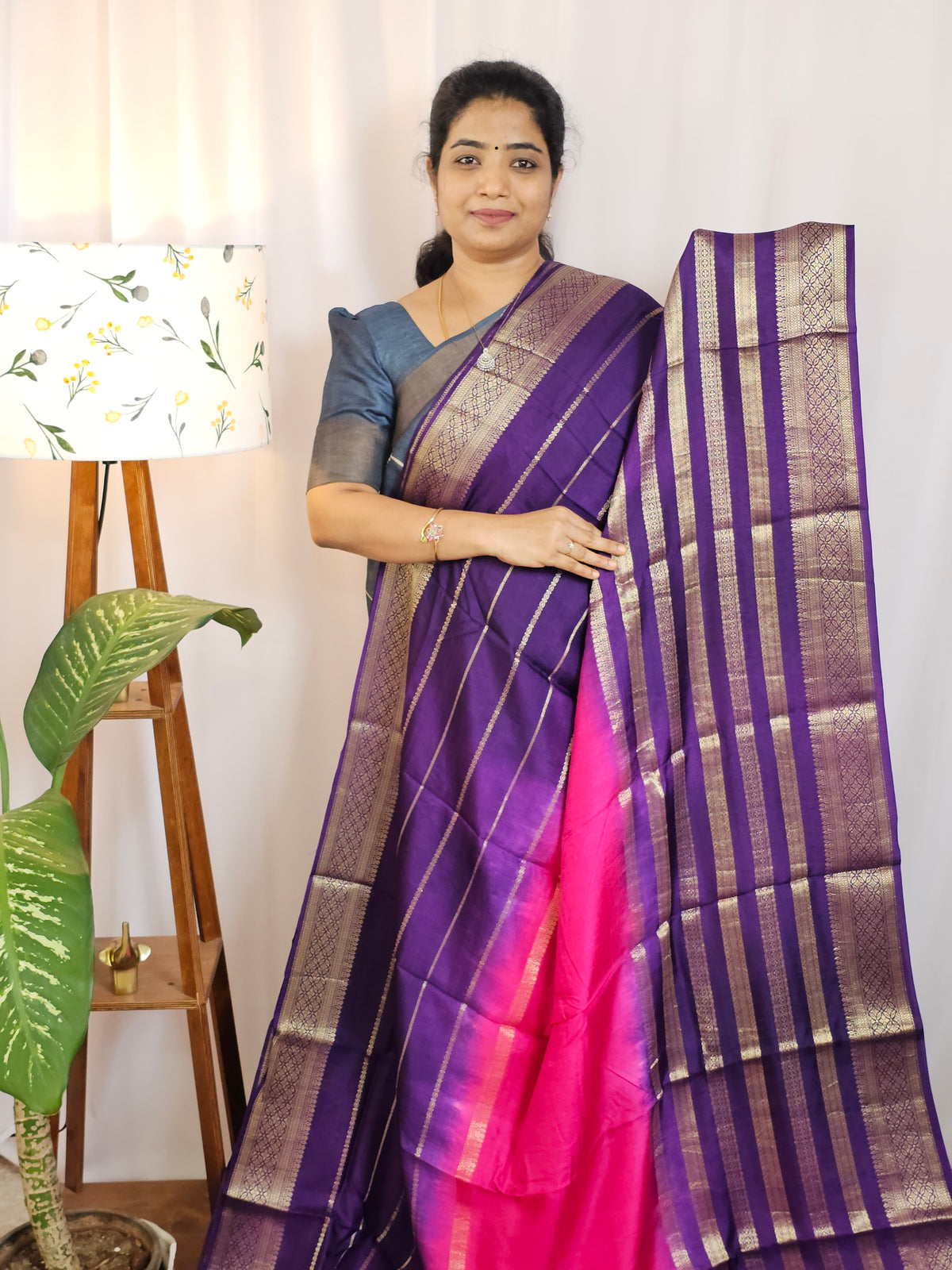 Semi Mysore Silk Saree - Pink with Purple