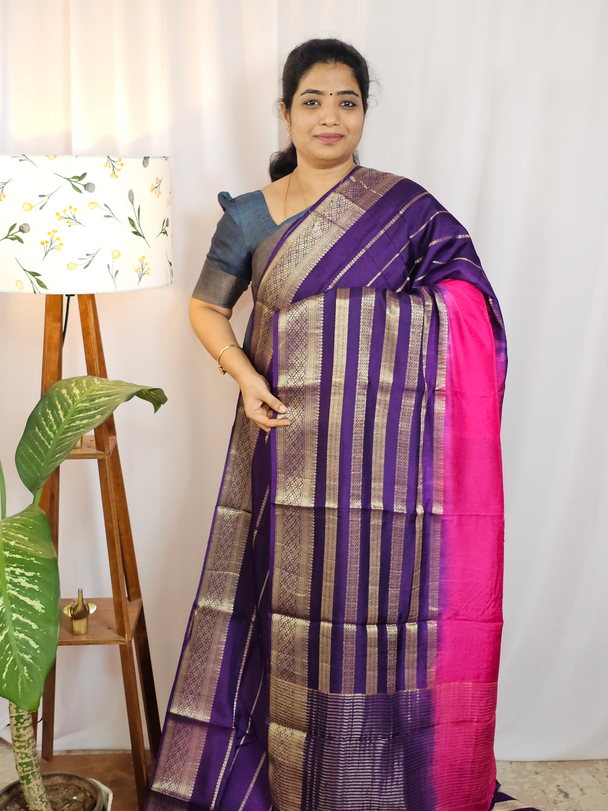 Semi Mysore Silk Saree - Pink with Purple