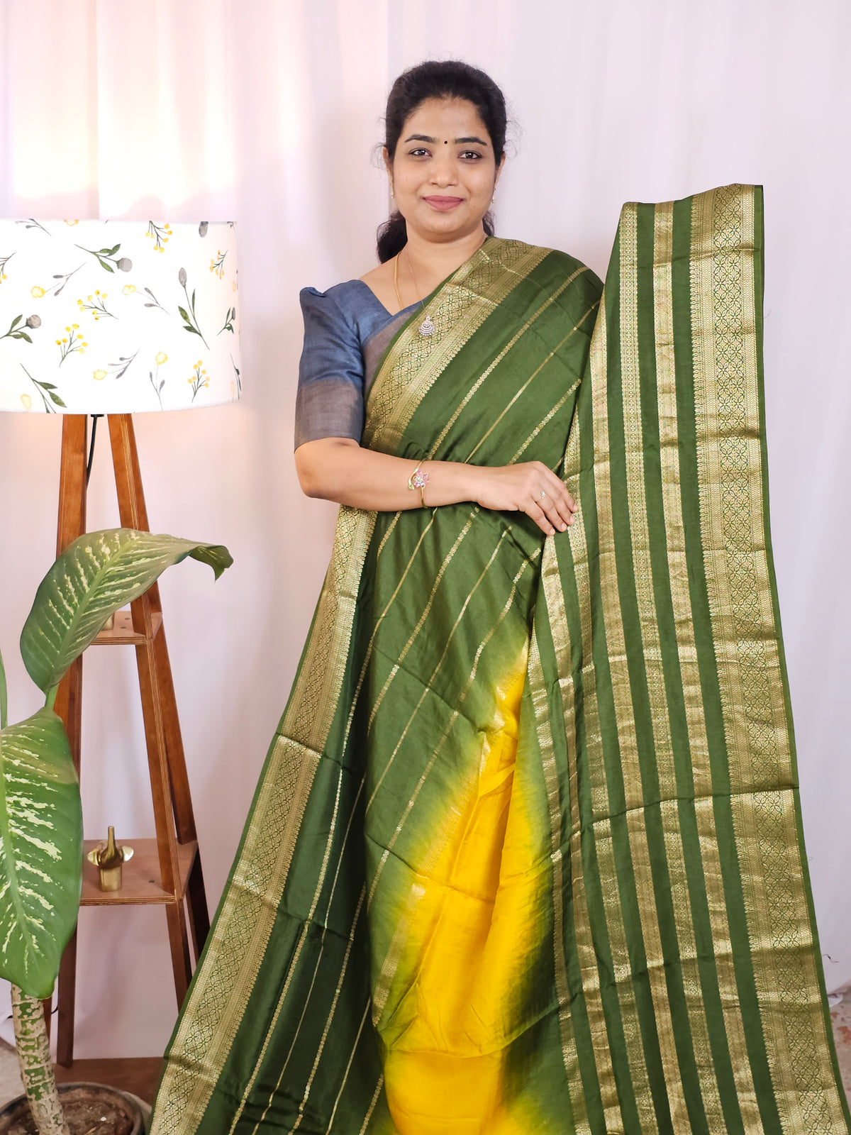 Semi Mysore Silk Saree - Yellow with Green