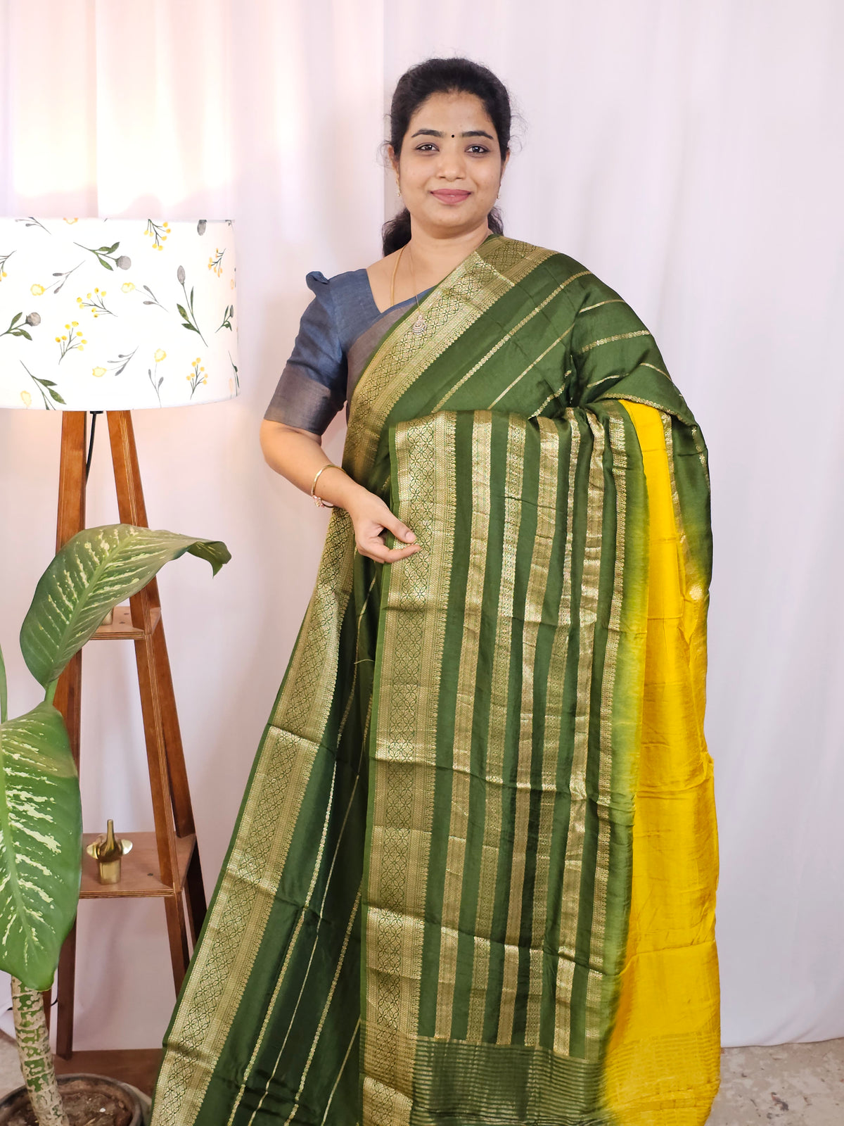 Semi Mysore Silk Saree - Yellow with Green