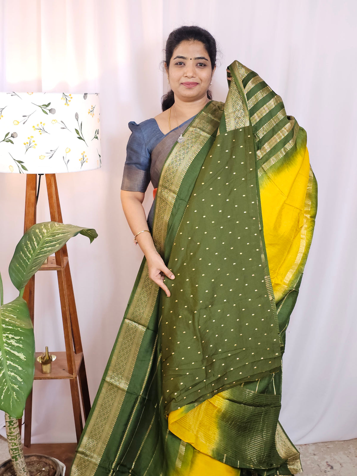 Semi Mysore Silk Saree - Yellow with Green