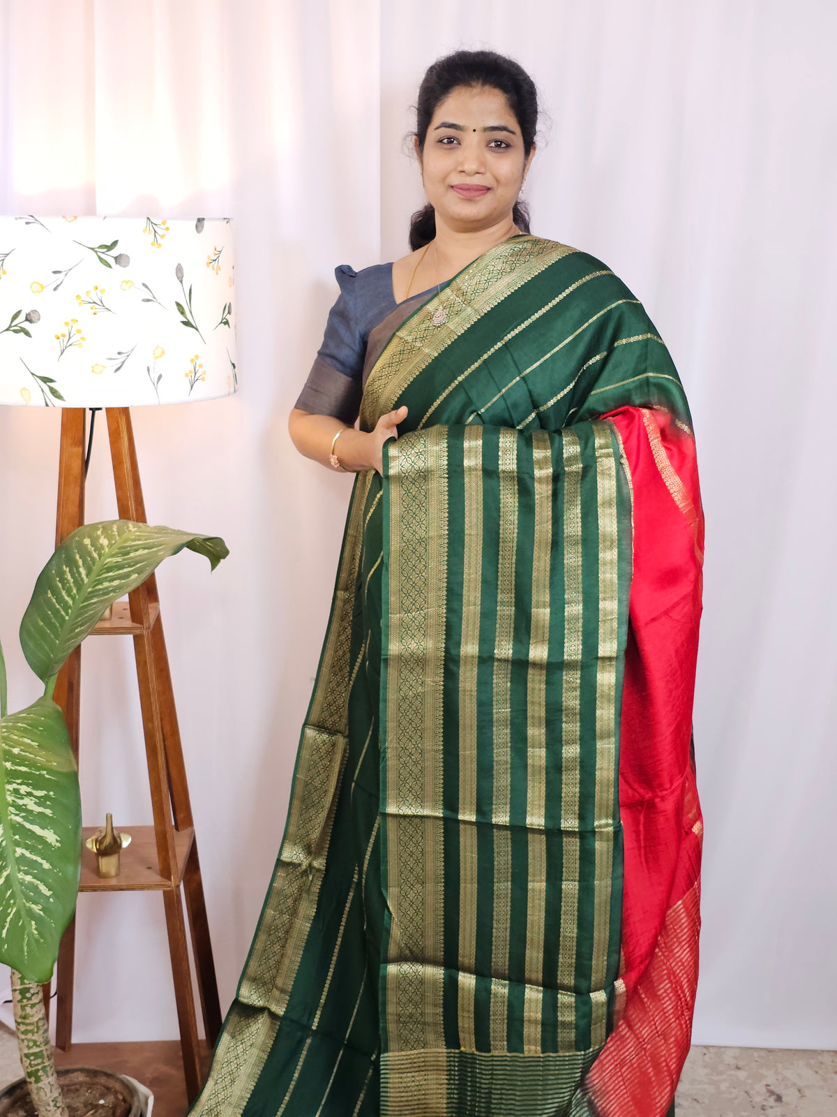 Semi Mysore Silk Saree - Red with Green
