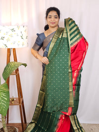 Semi Mysore Silk Saree - Red with Green