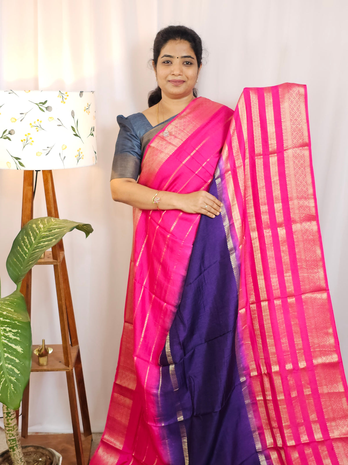 Semi Mysore Silk Saree - Purple with Pink
