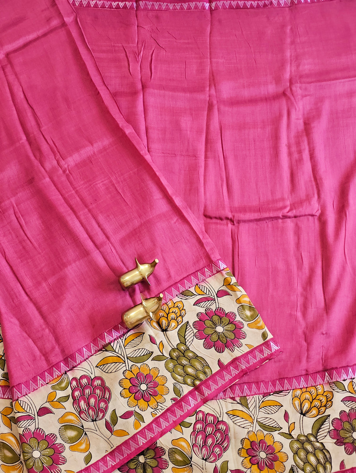 Chennuri Silk With Gap Border Kalamkari Sarees - Pink