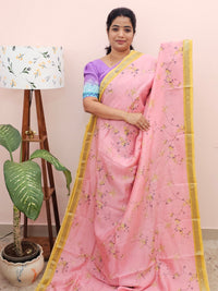 Handwoven Mangalagiri Pattu Saree with Digital Prints  - Pink with Mustrad Yellow