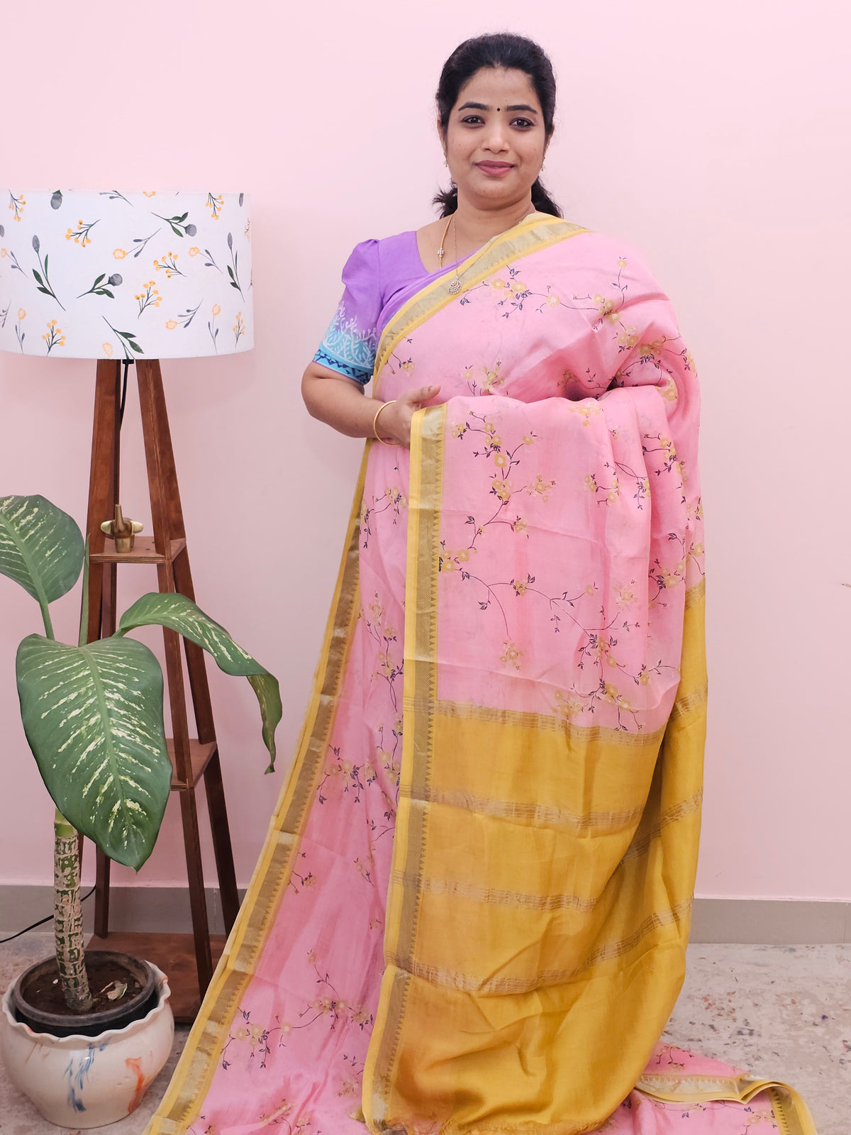 Handwoven Mangalagiri Pattu Saree with Digital Prints  - Pink with Mustrad Yellow