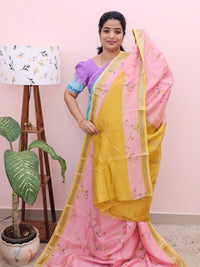 Handwoven Mangalagiri Pattu Saree with Digital Prints  - Pink with Mustrad Yellow