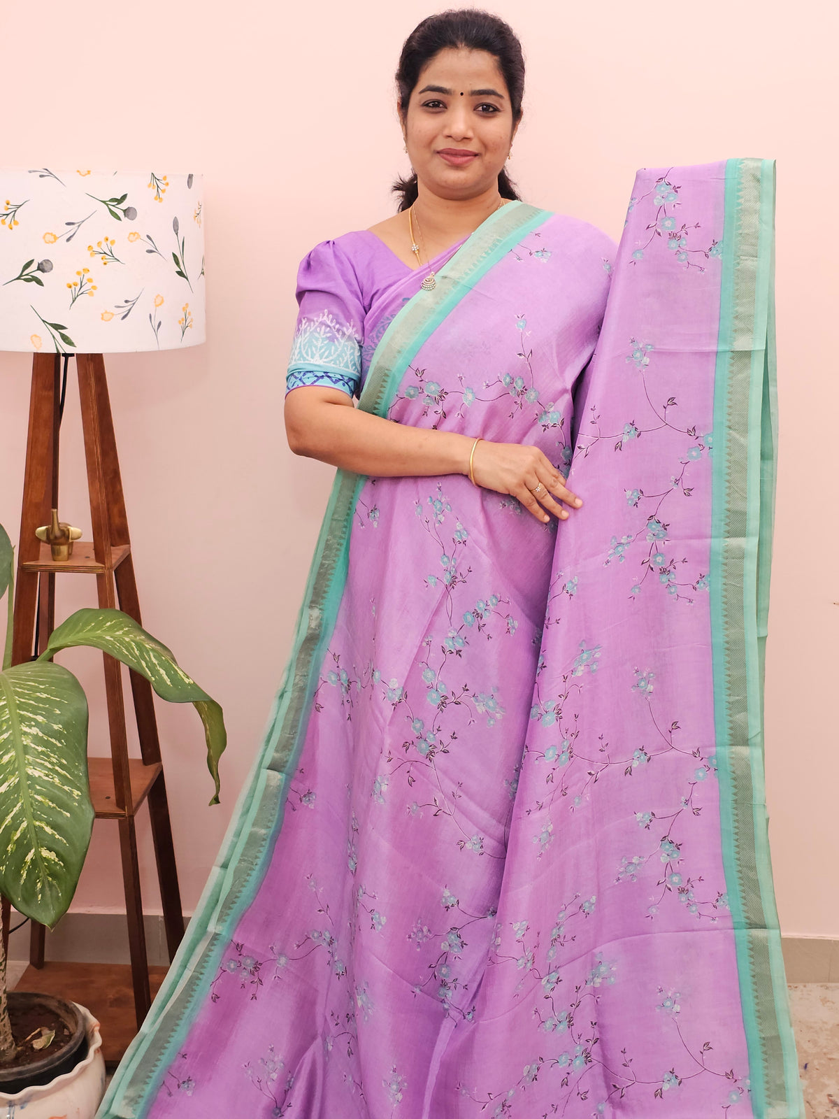 Handwoven Mangalagiri Pattu Saree with Digital Prints  - Purple with Sea Green