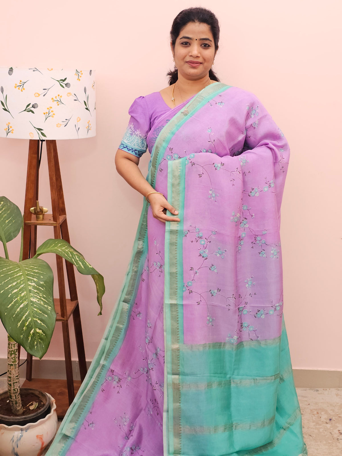 Handwoven Mangalagiri Pattu Saree with Digital Prints  - Purple with Sea Green