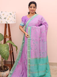 Handwoven Mangalagiri Pattu Saree with Digital Prints  - Purple with Sea Green