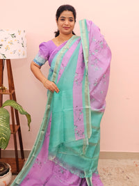 Handwoven Mangalagiri Pattu Saree with Digital Prints  - Purple with Sea Green