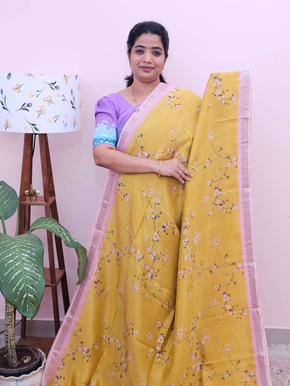 Handwoven Mangalagiri Pattu Saree with Digital Prints  - Yellow with Pink