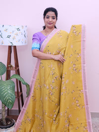 Handwoven Mangalagiri Pattu Saree with Digital Prints  - Yellow with Pink