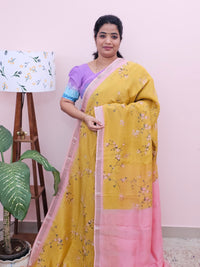 Handwoven Mangalagiri Pattu Saree with Digital Prints  - Yellow with Pink