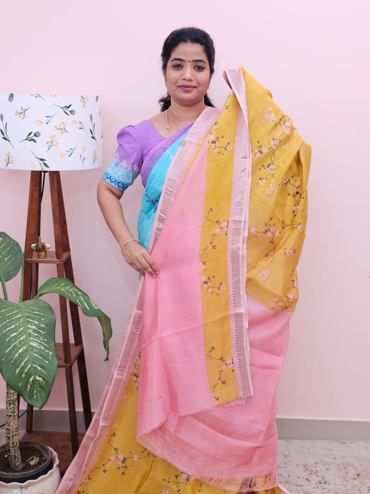 Handwoven Mangalagiri Pattu Saree with Digital Prints  - Yellow with Pink