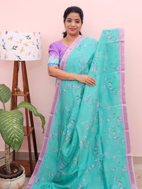 Handwoven Mangalagiri Pattu Saree with Digital Prints  - Sea Green with Purple