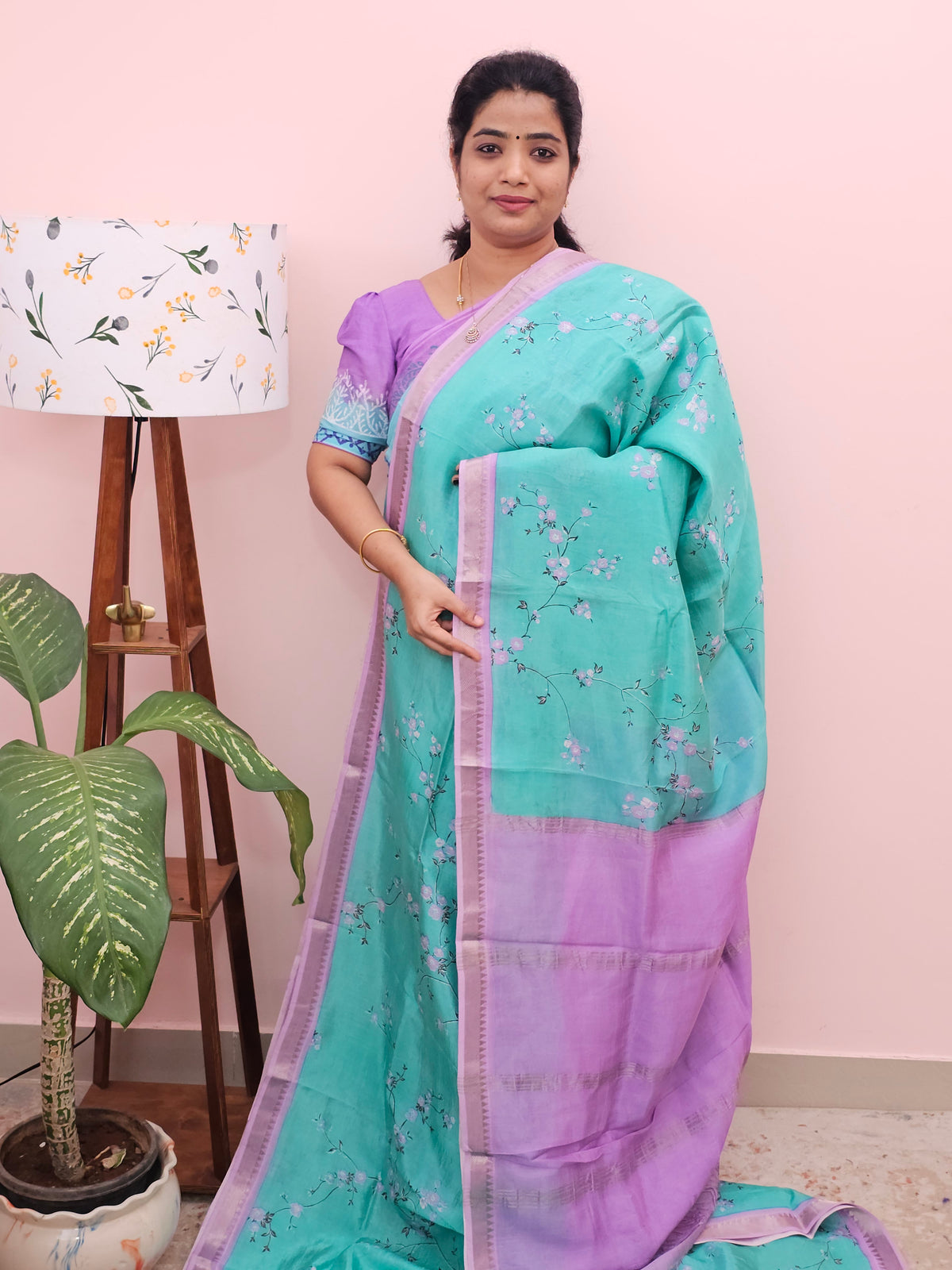 Handwoven Mangalagiri Pattu Saree with Digital Prints  - Sea Green with Purple