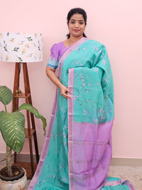 Handwoven Mangalagiri Pattu Saree with Digital Prints  - Sea Green with Purple