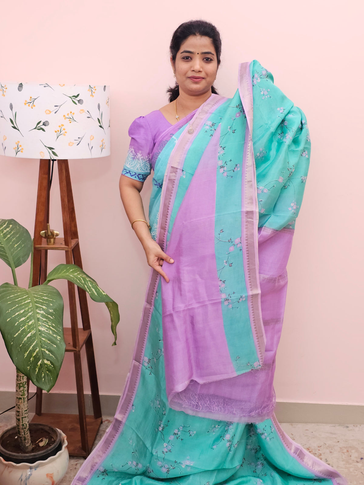 Handwoven Mangalagiri Pattu Saree with Digital Prints  - Sea Green with Purple