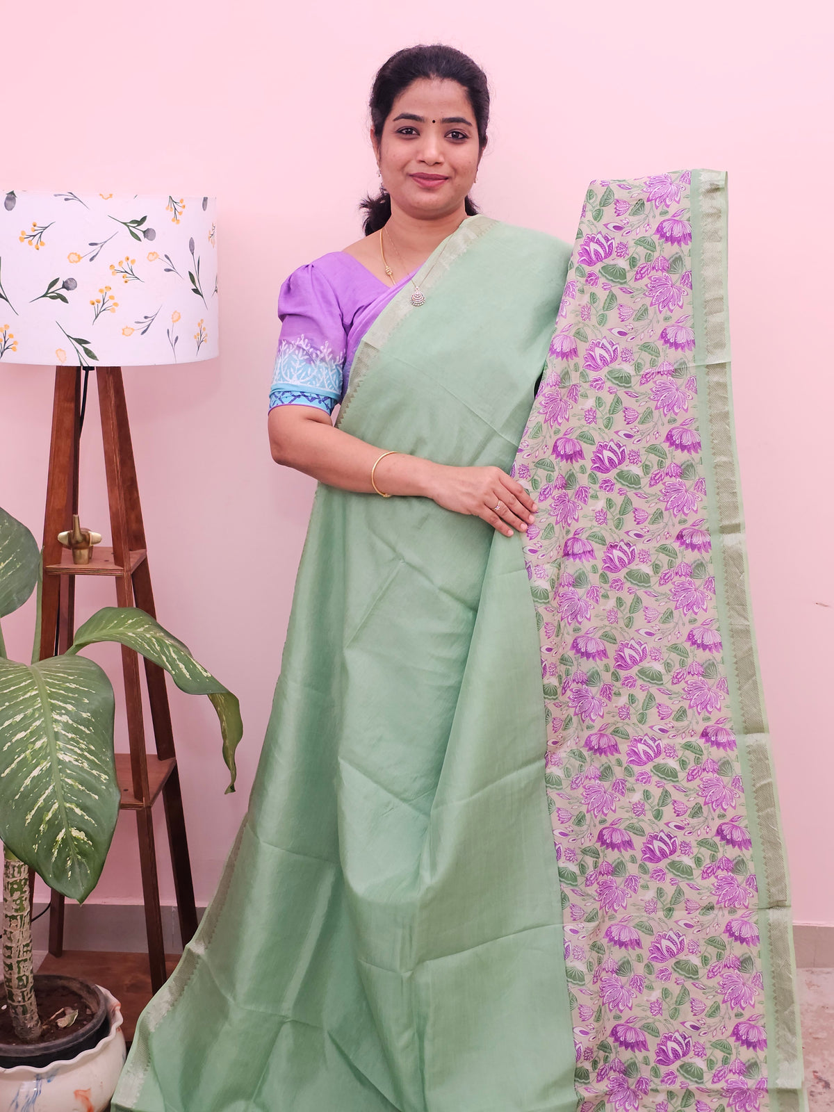 Handwoven Mangalagiri Pattu Saree with Digital Prints  - Green with Purple